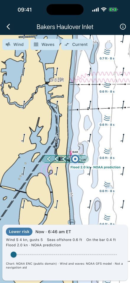 Bakers Haulover Inlet map with the NOAA current prediction