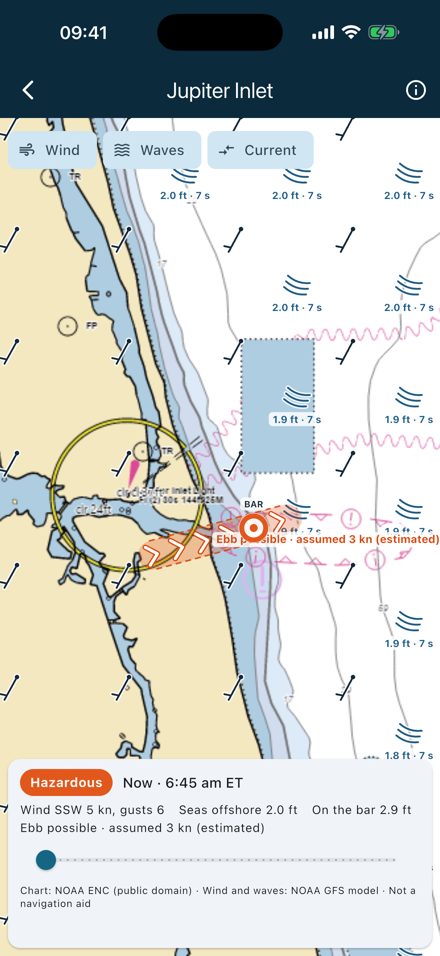 Jupiter Inlet map: NOAA chart, wind barbs, wave crests and the ebb